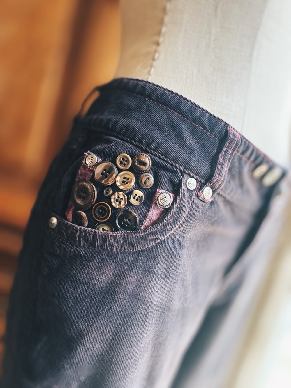 OOAK Artisan Repurposed Rocawear Plum Corduroy Flare Pants Vintage Buttons - Picture 5 of 13